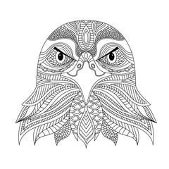 Eagle head coloring book illustration. Black and white lines. Print for t-shirts and coloring books.