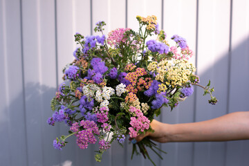 Beautiful bouquet of achillea and ageratum flowers. Hand with bouquet of seasonal flowers. Purple, pink, blue and yellow flowers on grey background.