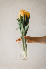person holding bouquet of yellow tulips in vase