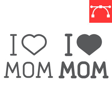 I love mom letters with heart line and glyph icon, mother and text, Happy Mothers Day vector icon, vector graphics, editable stroke outline sign, eps 10.