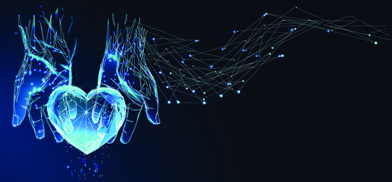 Human hands holding or giving heart in dark blue. Charity, volunteering, social care concept. Low poly mesh wireframe vector