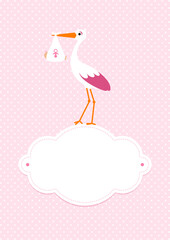 Karte Bunter Storch Auf Wolke Mit Baby Mädchen Punkte Pink