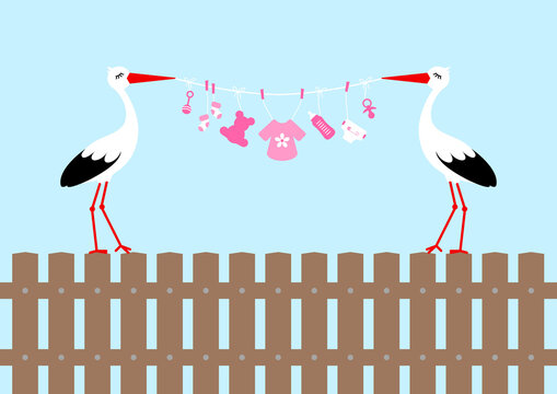 2 St&ouml;rche Auf Zaun Mit Babysymbolen M&auml;dchen Pink