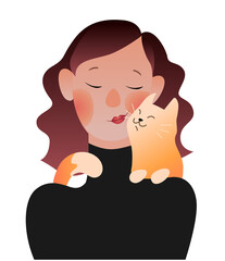 Girl with a cat on her shoulders. Colored vector illustration