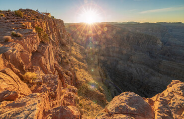 Beautiful landscapes of the Grand Canyon an amazing view of the sunset over the red-orange rocks that are millions of years old. USA, Arizona.