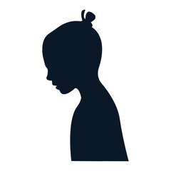The silhouette of a girl, her hair gathered in a bun with an elastic band, her head tilted down, her mouth slightly open. Vector. Stock illustration.