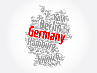 List of cities and towns in GERMANY, map word cloud collage, business and travel concept background