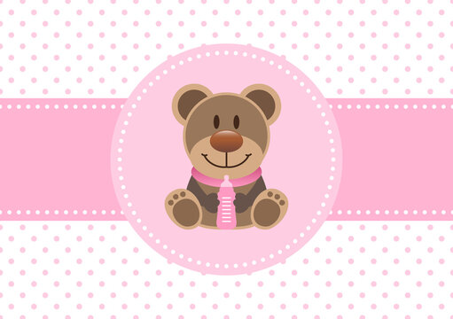 Karte Teddy Mit Flasche Baby Mädchen Punkte Pink