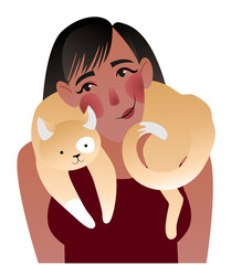 Girl with a cat on her shoulders. Colored vector illustration