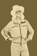 Fototapeta premium Funky woman in sunglasses. Crazy lady and surreal composition of textures, shapes, gradients. Contemporary art collage. Zine culture. Pop art. Fashion magazine style for posters, banners, wallpaper.