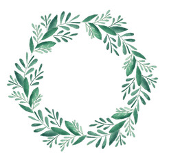 Leaves frame painted with watercolor isolated on white. Drawn wreath, garland with green leaves. Hand drawing, art of nature. Illustration for background greeting cards, invitations. Leaves sketch