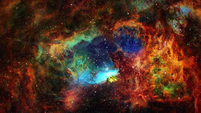 Loop Space Flight deep space exploration travel to NGC 6357 The Lobster Nebula. 4K 3D loop space exploration to NGC 6357 diffuse nebula near NGC 6334 in constellation Scorpius. Furnished by NASA image