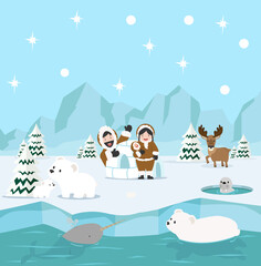 Naklejka premium Eskimo family winter north pole arctic background