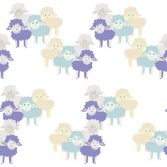 Cartoons sheep seamless pattern. Pastel colors beige blue violet farm animal art design elements stock vector illustration for web, for print, for fabric print