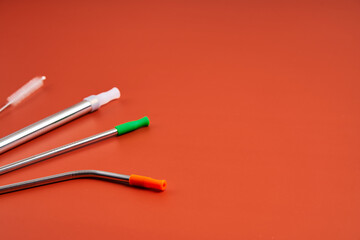 The modern trend caring for the environment. Self kit of reusable metal beverage straws of various...