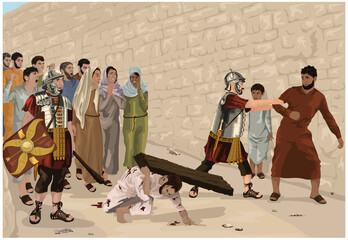 Jesus struggles to carry cross beam to Golgotha so Roman soldier compels Simon, a Cyrenian, to bear it for Him - Easter Story