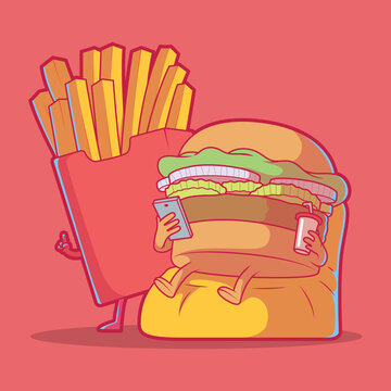 Burger and fries ordering food vector illustration. Fast food, technology design concept.