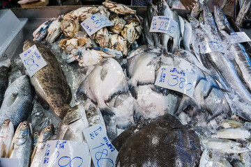 Fresh seafood sell in market group of fish squid crab and shrimp