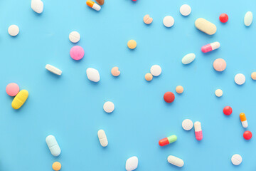 Close up of many colorful pills and capsules 