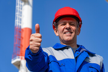 Power Plant Worker Giving Thumbs Up Against Industrial Chimney and Blue Sky Background