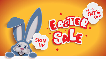 Easter sale web banner with cute blue Easter Bunny next to textual signboard,vector illustration of online shopping website