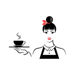 Waitress with tray and a cup of coffee or a cup of tea