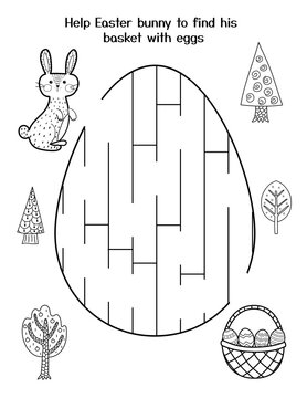 Help little bunny to find basket with eggs. Easter maze game for kids. Black and white spring activity page. Easter rabbit labyrinth puzzle. Vector illustration