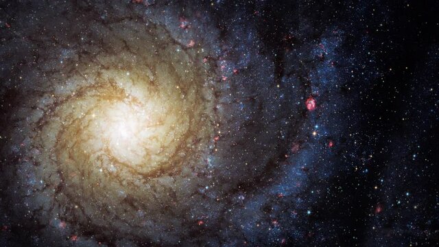 Loop Space Flight deep space exploration travel to Spiral Galaxy M74. 4K 3D loop space exploration to Messier 74, large spiral galaxy in equatorial constellation Pisces. Furnished by NASA images.