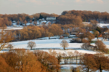 Winter view in late afternoon sunlight over High Weald landscape, Burwash, East Sussex, England, United Kingdom, Europe