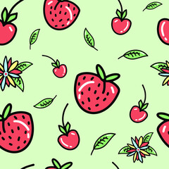Summer pattern with strawberries and cherries. Doodle