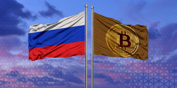 Russia flag and Bitcoin Flag waving over blue sky (digitally generated - Powered by Adobe