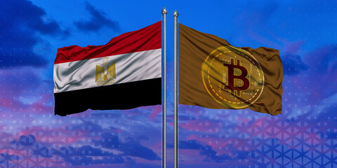 The flag of Egypt and the Bitcoin flag waved over the blue sky