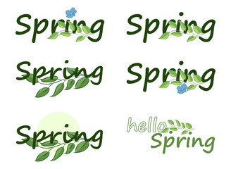 Fototapeta premium Vector set illustrations of logos.Spring time lettering special springtime sale typography poster, greeting and visit cards, invitations, art prints, wedding, banners.Flower, branch and leaves.Summer.