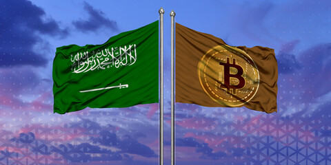 The Saudi flag and the Bitcoin flag are waving over the blue sky