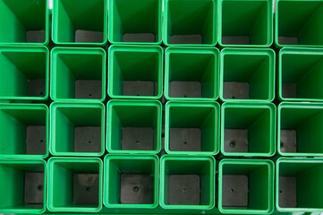 empty pots for transplanting seedlings of plants, top view