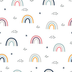 Cute seamless pattern for kids children Sky background with rainbow and stars Scandinavian style hand-drawn design used for pattern fabric, textile, wallpaper. Vector illustration