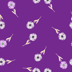 Chrysanthemum silhouettes seamless pattern in hand drawn doodle style. Random print with purple background.