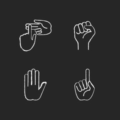 Hand gestures chalk white icons set on black background. Raised fist. Stop doing something sign. Index finger up. Communication with gestures. Isolated vector chalkboard illustrations