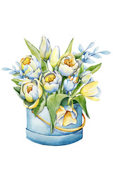 Fototapeta na wymiar Bouquet of tulips and greenery, spring flowers in a packing box. Hand drawn watercolor illustration close up isolated on white background. Design for cards, covers, invitations, Mother's Day