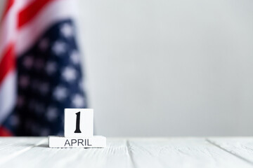 Fools Day, April 1 calendar on the US flag background