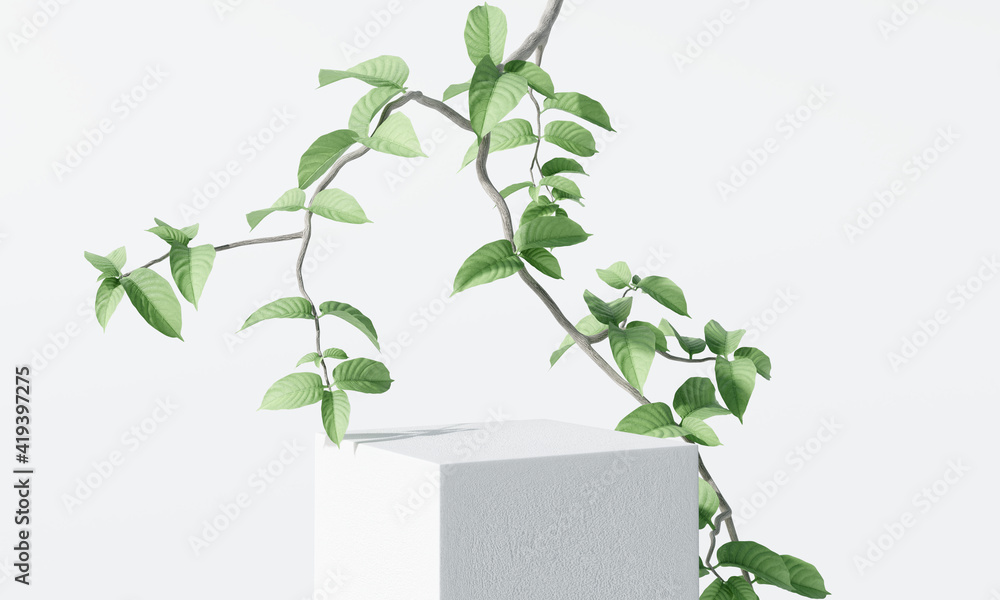 Poster white product display podium with nature leaves and branches. 3d rendering