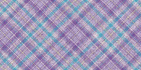 soft violet main color gingham checkered seamless texture of old ragged grungy fabric with yellow threads and cyan stripes for plaid, tablecloths, shirts, tartan, clothes, dresses, bedding