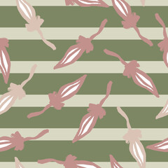 Pale pink leaf contoured silhouettes seamless pattern. Pale tones. Green and grey striped background.