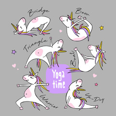 Cartoon character Little white Unicorn on a gray background. Practicing Yoga. Healthy Lifestyle. Fun poster, t-shirt composition, handmade vector illustration.