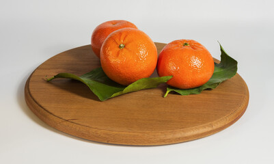 A large tangerine on green leaves next to two smaller ones on a wooden tray on a bright background...