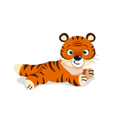 Cute little tiger in relaxing pose. Chinese 2022 year symbol. Year of tiger. Cartoon mascot. Smiling adorable character. Vector illustration isolated on white background.