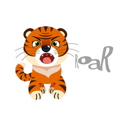 Cute little tiger roaring. Chinese 2022 year symbol. Year of tiger. Cartoon mascot. Smiling adorable character. Vector illustration isolated on white background.