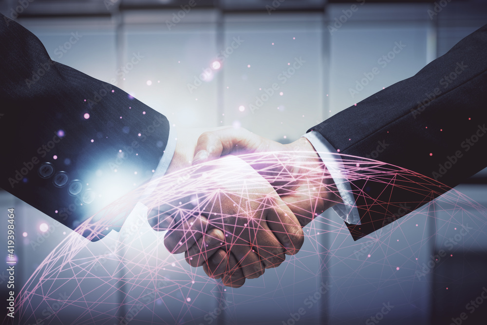 Poster double exposure of social network theme hologram and handshake of two men.