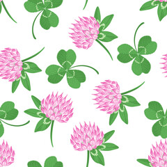 Clover flowers and leaves seamless pattern. Vector illustration of wild herbs. Botanical background. Cartoon flat style.