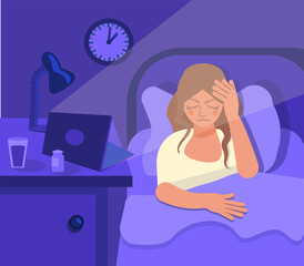 Woman with insomnia and tiredness, sleeplessness and thinking. Woman in bed with her laptop on in the dark of the night room. Deadline. The girl is stressed. Flat vector illustration in cartoon style.